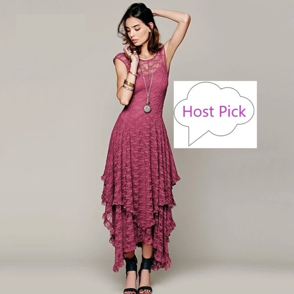 Waterfall Hem Dress - Double Layered Lace Maxi - Maroon - Picture 1 of 6